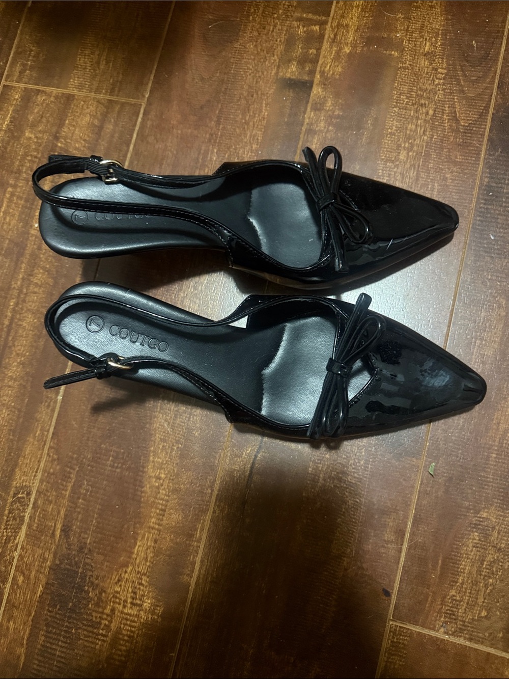 CoutiGo Black Patent Pointed Slingback Kitten Heel